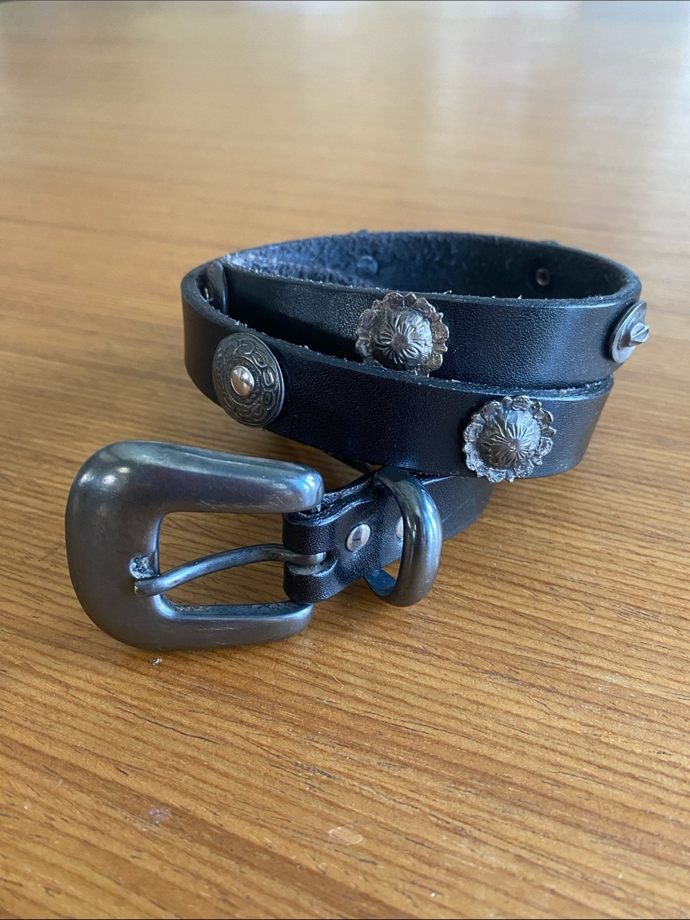 Vintage Black Leather Western Motif Belt Cowboy Hat Concho Small